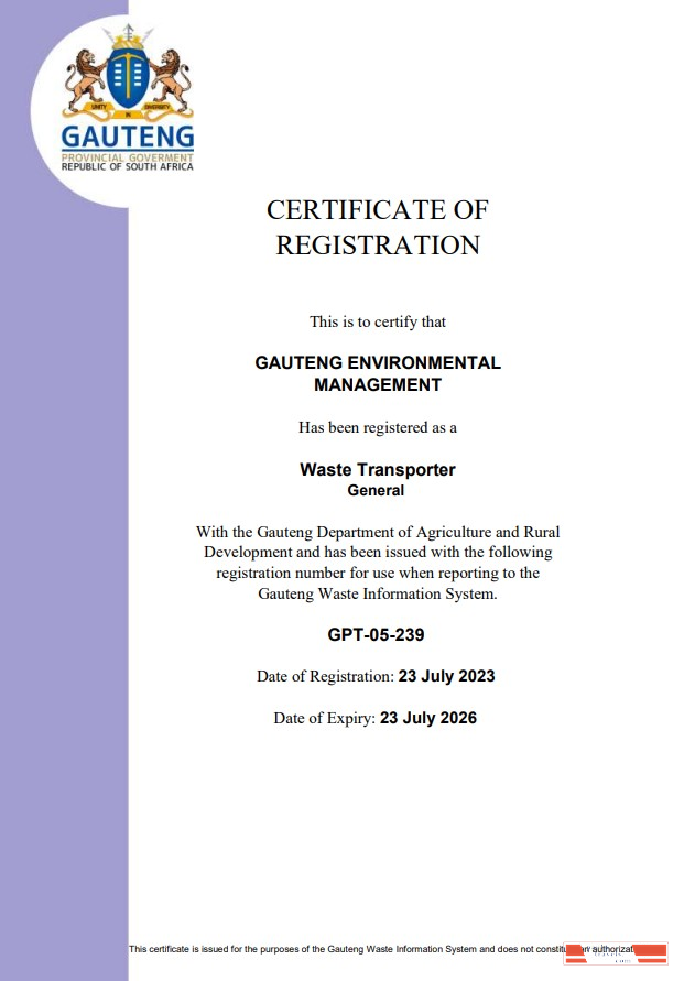 South Africa certificate of registration